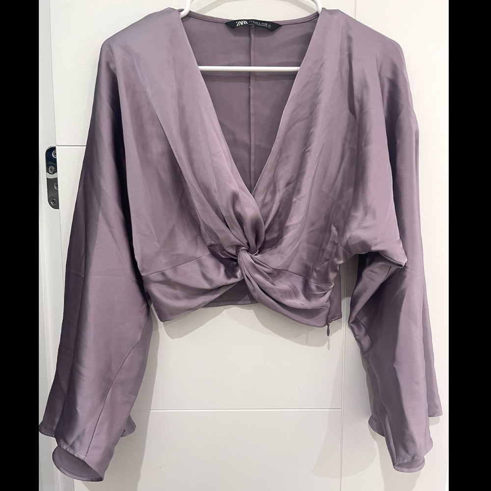 Satin Flare Sleeve Crop Top